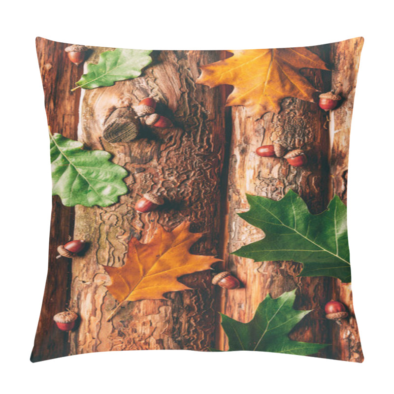 Personality  Flat Lay With Acorns And Fallen Oak Leaves On Wooden Background Pillow Covers