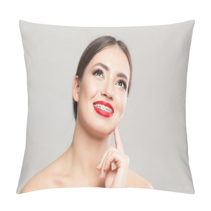 Personality  Cheerful Young Woman In Braces Portrait Pillow Covers