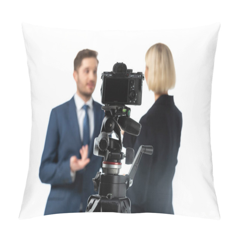 Personality  Selective Focus Of Professional Digital Camera Near News Presenters Working On Blurred Background Isolated On White Pillow Covers