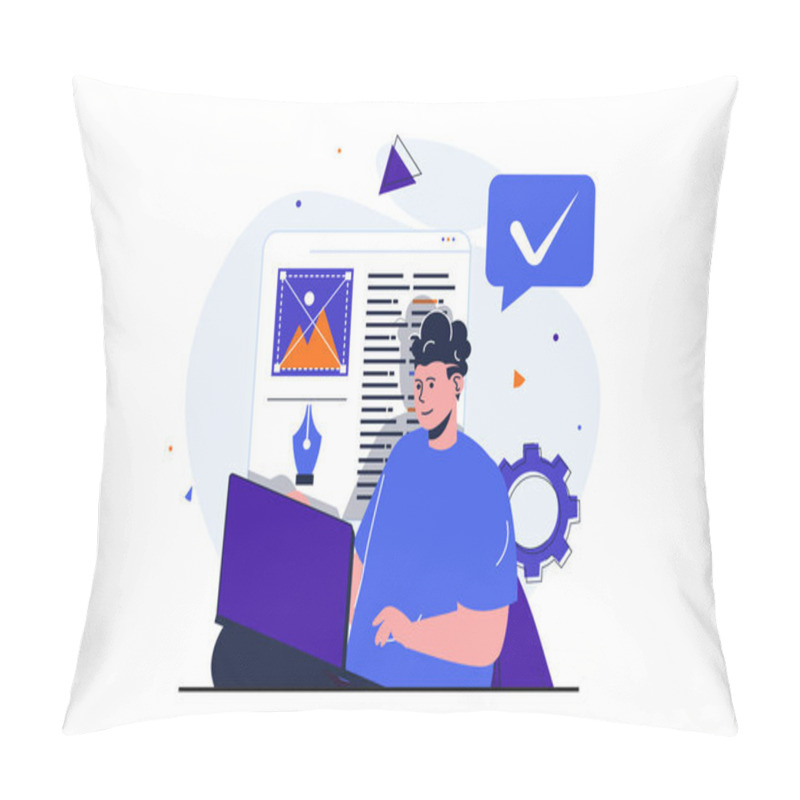 Personality  Web Designer Modern Flat Concept For Web Banner Design. Man Creates And Optimizes Code For Layout, Works With Graphic And Text Content Using Laptop. Vector Illustration With Isolated People Scene Pillow Covers