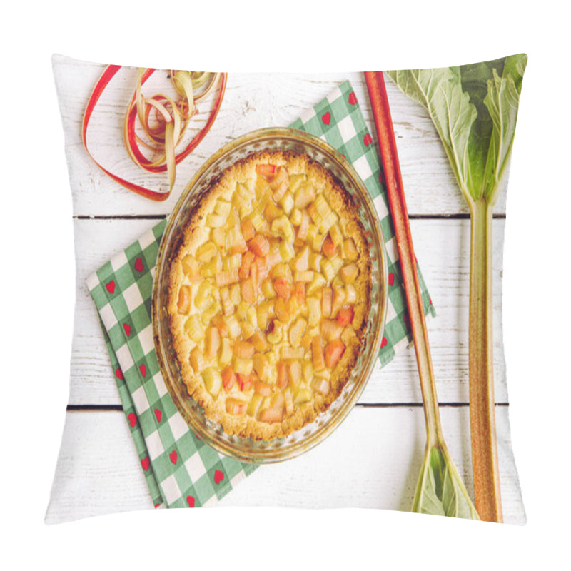 Personality  Above View Of Homemade Round Baked Rhubarb ( Rheum Hybridum ) Pie White Rustic Wood Table Background. Rhubarb Stalks On Side. Seasonal Spring Dessert. Pillow Covers