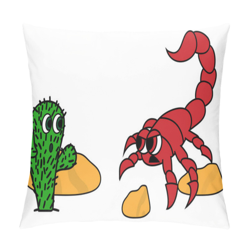 Personality  Cute Cactus And Angry Scorpion In Dessert. Stock Vector Illustration Pillow Covers