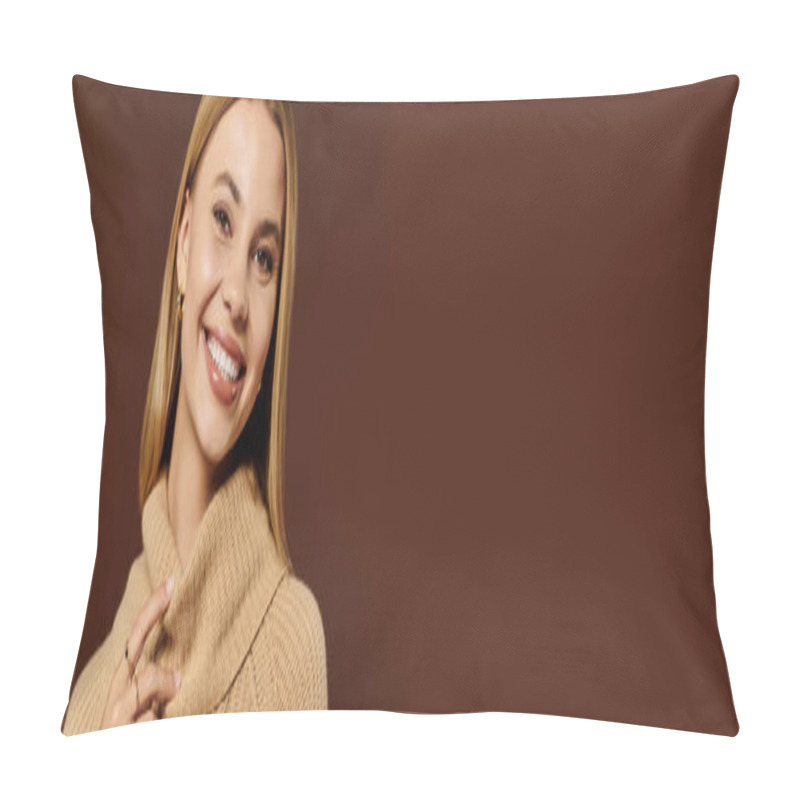 Personality  Radiating Charm, A Young Woman Showcases Autumn Fashion, Expressing Joy In Her Stance. Pillow Covers