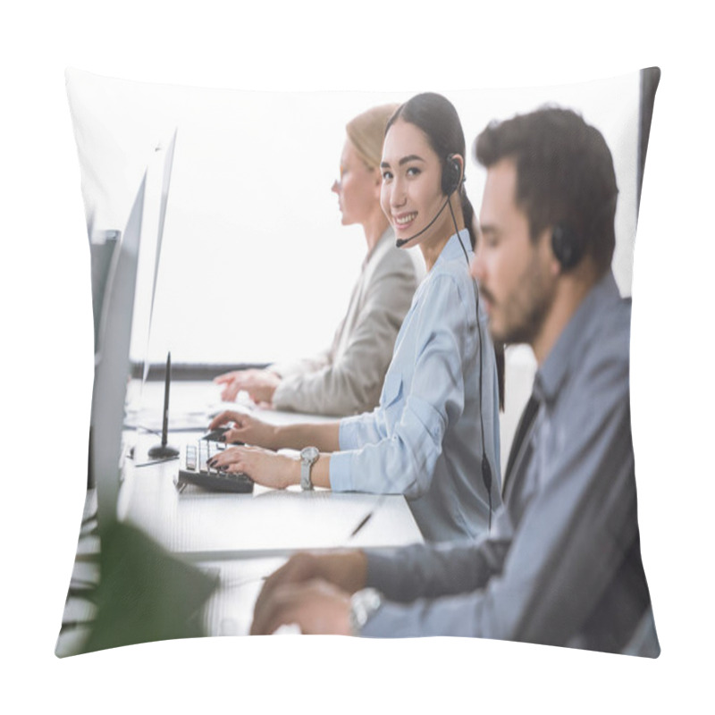 Personality  Smiling Asian Call Center Operator Pillow Covers