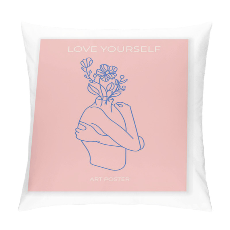 Personality  Love Yourself Poster. Woman Hugging Herself With Hearts On Pink Background. Love Your Body Concept. Vector Line Illustration Pillow Covers