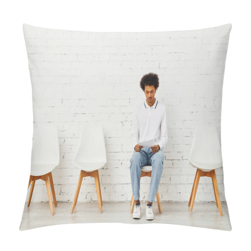 Personality  Man Surrounded By White Chairs In An Artistic Display Of Solitude. Pillow Covers