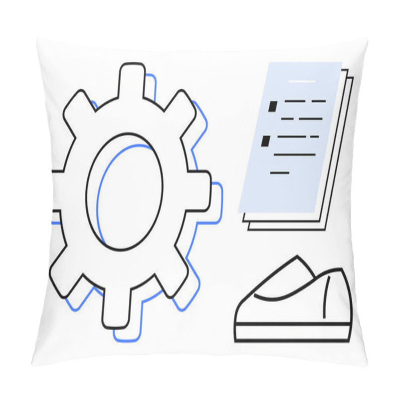 Personality  Gear Symbolizing Process, Documents Representing Tasks, And USB Mouse Indicating Interaction. Ideal For Business Workflows, Technology, Operations, Project Management, Efficiency, Productivity Pillow Covers