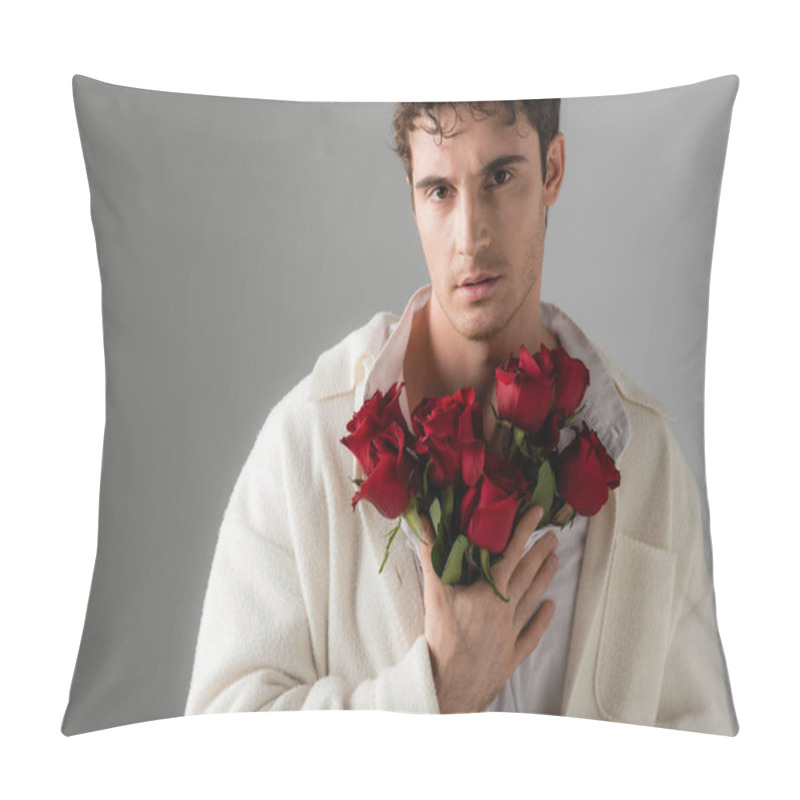 Personality  Front View Of Man In White Trendy Clothes Looking At Camera While Standing With Bouquet Of Red Roses Isolated On Grey Pillow Covers