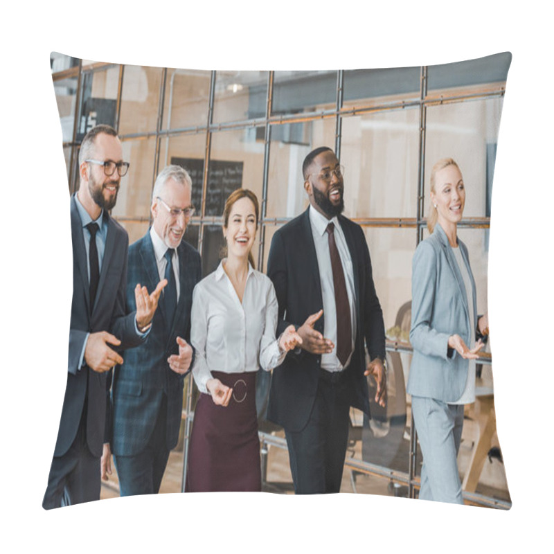 Personality  Multicultural Group Of Cheerful Businessmen And Happy Businesswomen Walking In Office  Pillow Covers