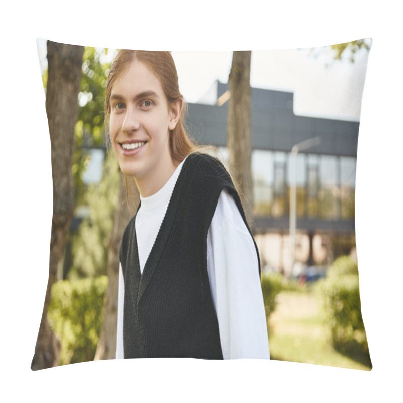 Personality  A Cheerful Young Man Stands Among Trees, Radiating Positivity And Joy In A Lively Setting. Pillow Covers