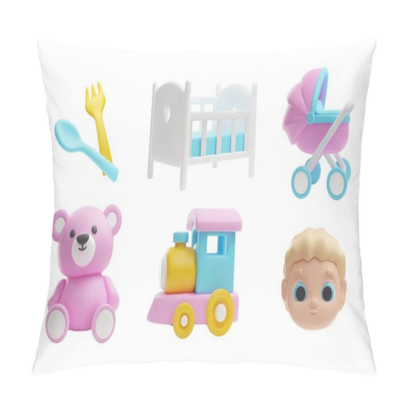 Personality  Set Of Children Things 3D Icons Collection. Cartoon Cute Baby Face, Buggy, Bed, Toys And Feeding Utensils. Vector Render Illustration Of Newborn Care Stuff Isolated On White Background Pillow Covers