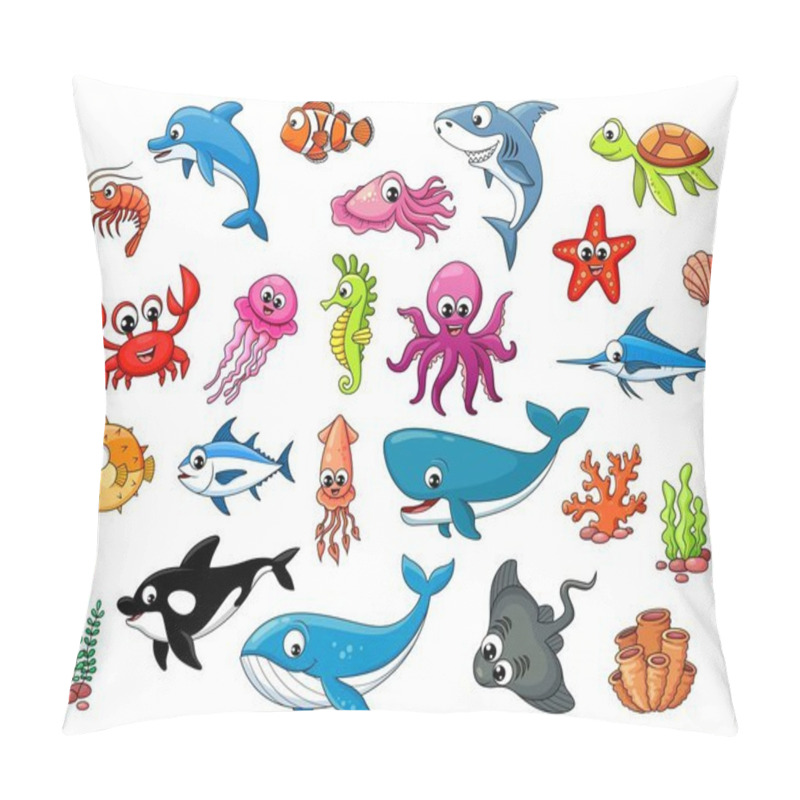 Personality  Cartoon Underwater Animals Characters, Vector Fishes Of Ocean Or Sea. Funny Undersea Fishes And Coral Reef Or Aquarium Creature, Octopus And Starfish With Dolphin, Shark And Jellyfish With Turtle Pillow Covers