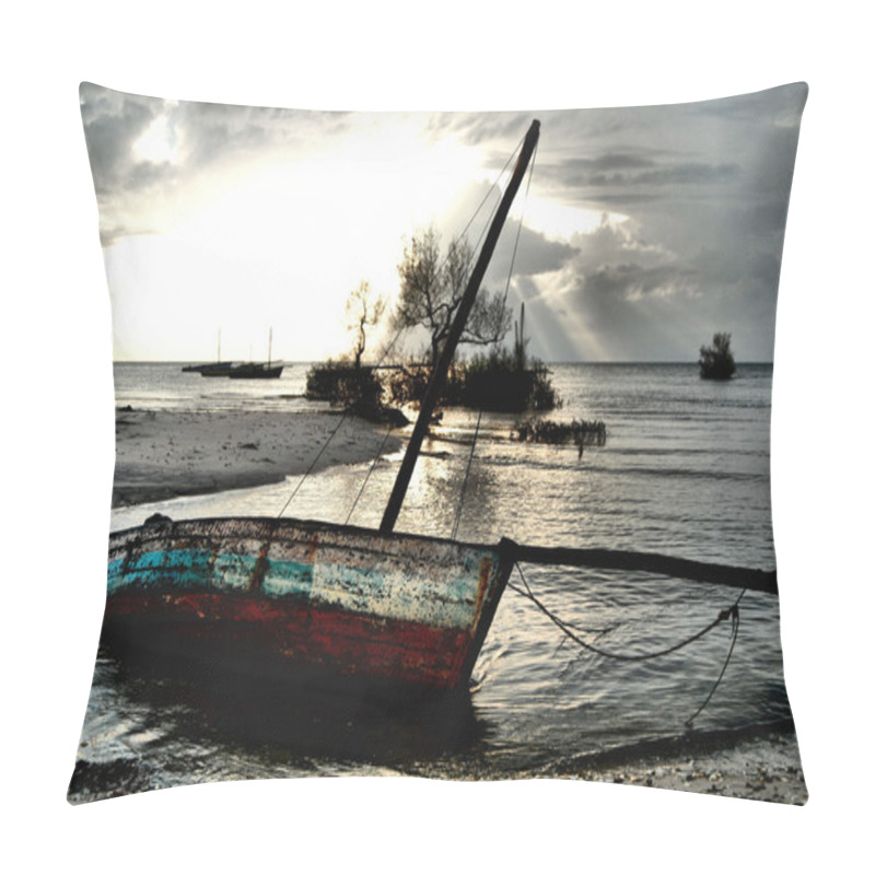 Personality  Red White Blue Dhow Sailing Boat Stranded At Low Tide In Ocean M Pillow Covers