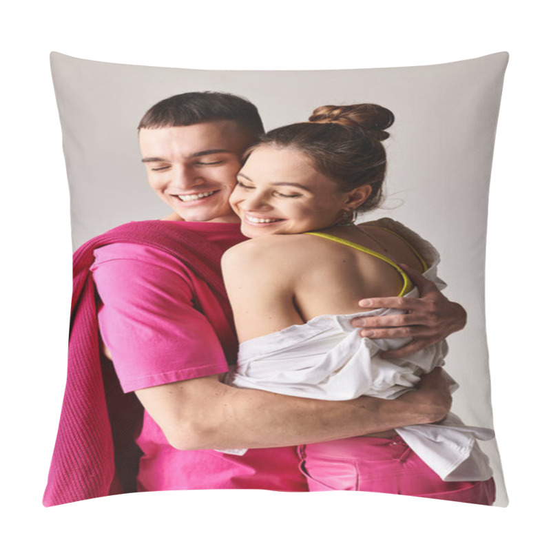 Personality  A Stylish Young Couple, Man And Woman, Hugging Each Other Lovingly In A Studio Setting With A Grey Background. Pillow Covers