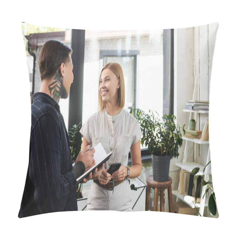 Personality  Two Coworkers Exchange Ideas And Laughter While Discussing Tasks In A Bright Workspace. Pillow Covers