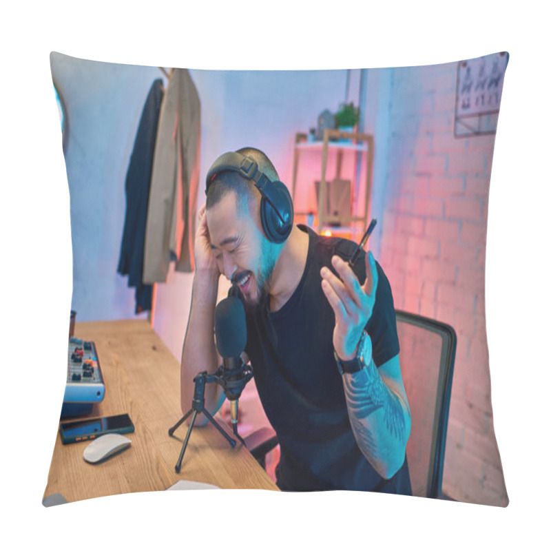 Personality  A Handsome Asian Man Records A Podcast In His Studio. Pillow Covers