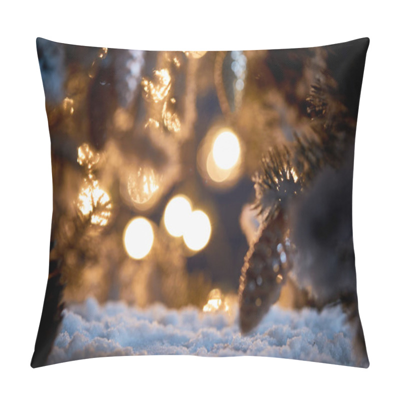 Personality  Close Up Of Christmas Tree With Decorative Christmas Balls On Snow With Blurred Lights In Dark  Pillow Covers