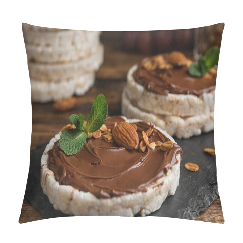 Personality  Puffed Rice Cakes With Chocolate Spread, Nuts And Mint On Wooden Table, Closeup Pillow Covers