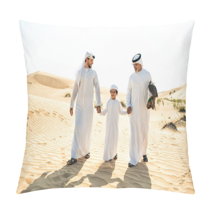 Personality  Three Generation Family Making A Safari In The Desert Of Dubai. Grandfather, Son And Grandson Spending Time Together In The Nature And Training Their Falcon Bird. Pillow Covers