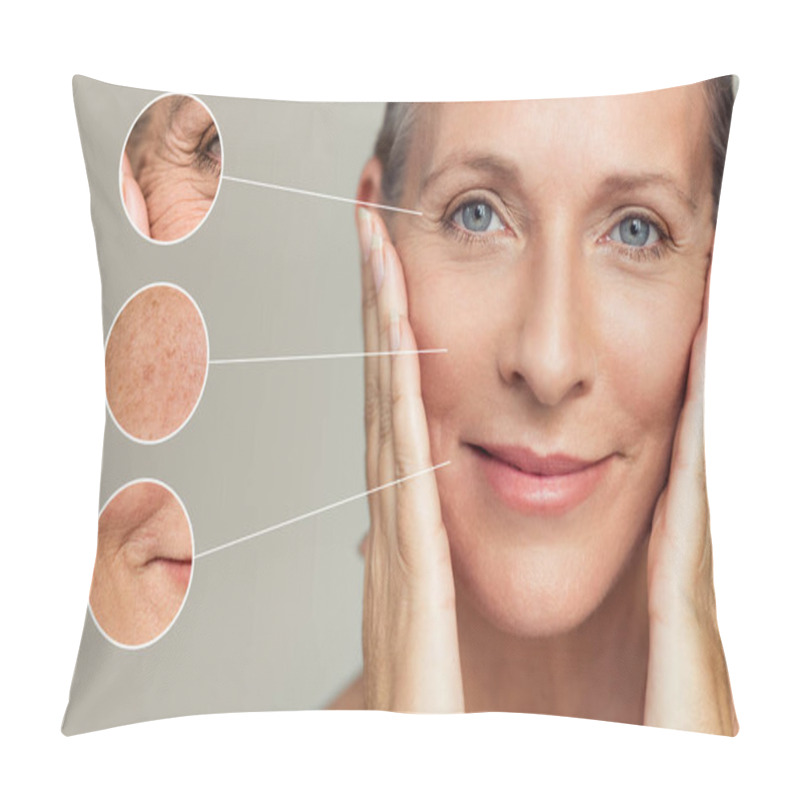 Personality  Close Ups Of Wrinkles And Skin Imperfection On The Face Of A Senior Woman. Portrait Of Beautiful Senior Woman Touching Her Perfect Skin After A Beauty Treatment. Aging Process Concept. Pillow Covers