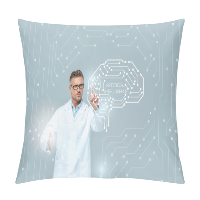 Personality  Handsome Scientist In Glasses Touching Medical Interface With Brain Isolated On Grey, Artificial Intelligence Concept Pillow Covers