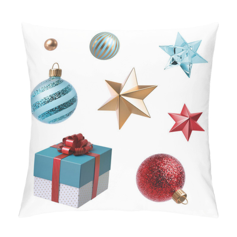 Personality  3d Christmas Clip Art. Set Of Design Elements, Isolated On White Background. Gift Box, Golden Star, Red And Blue Glass Balls Ornaments. Pillow Covers