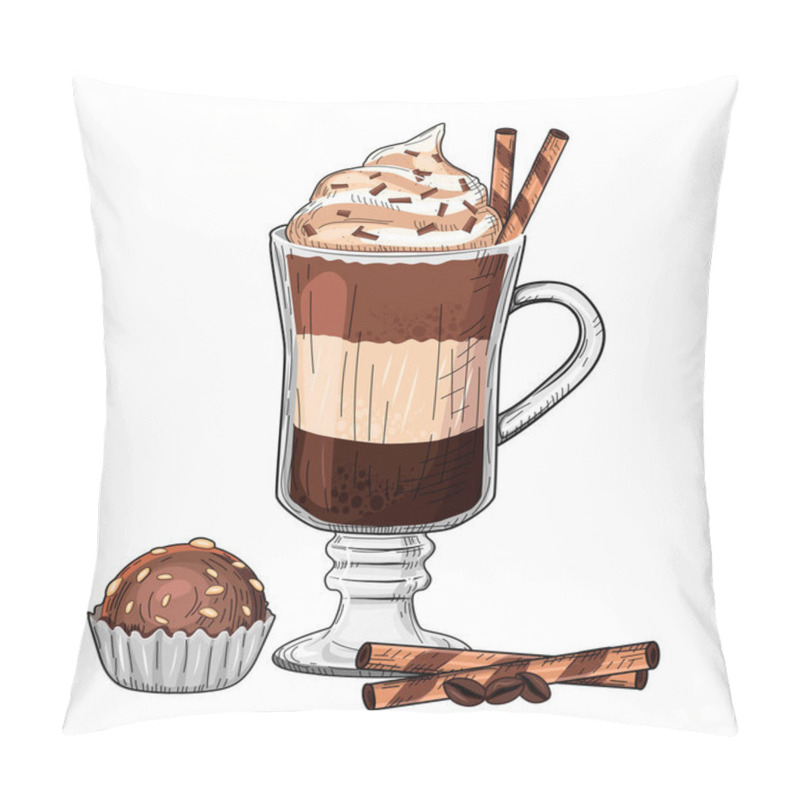 Personality  Vector Illustration Of Latte. Hot Milk Caffeine Drink With Spices And Compliment From Chef As Chocolate Muffin. Vintage Hand Drawn Style. Pillow Covers