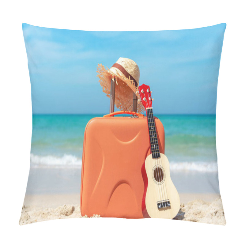 Personality  Vacation Holiday Traveling And Planning With Old Suitcase Guitar And Hat On The Sand Beach. Travel In The Holiday.   Summer And Travel Concept  Pillow Covers