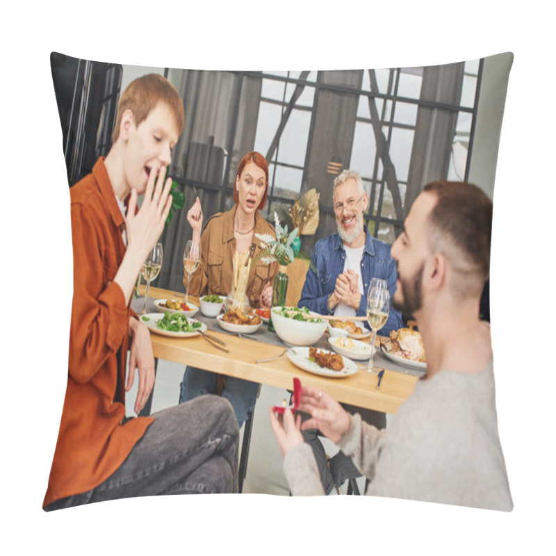 Personality  Amazed Gay Man Covering Mouth With Hand Near Boyfriend Making Marriage Proposal During Family Dinner Pillow Covers