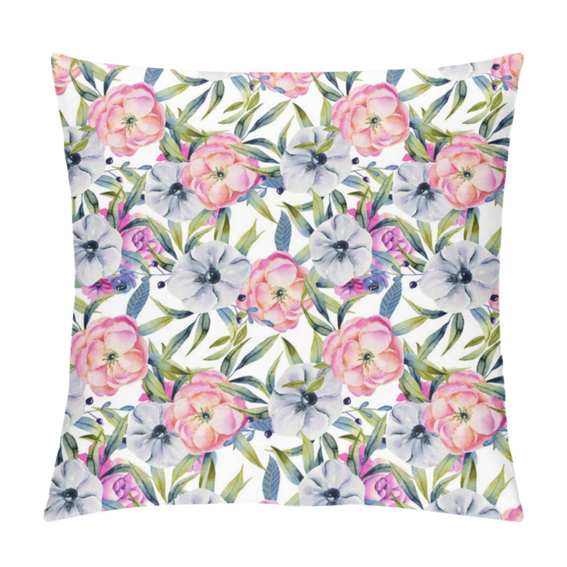 Personality  Watercolor Anemones And Pink Peonies Seamless Pattern, Hand Drawn On A White Background Pillow Covers