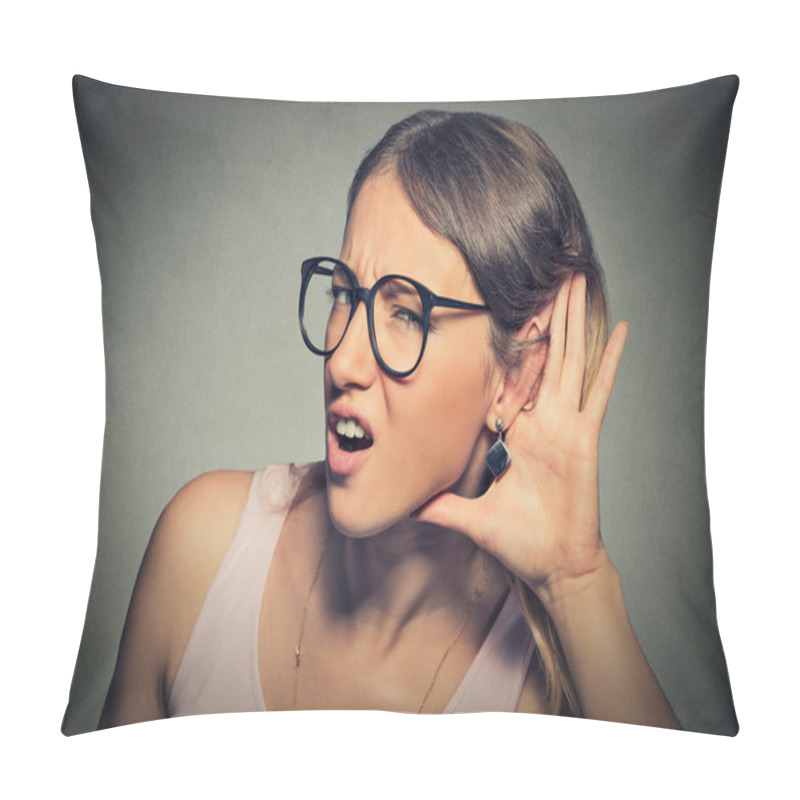 Personality  Nosy Woman Hand To Ear Gesture Or Hard To Hear Concept  Pillow Covers