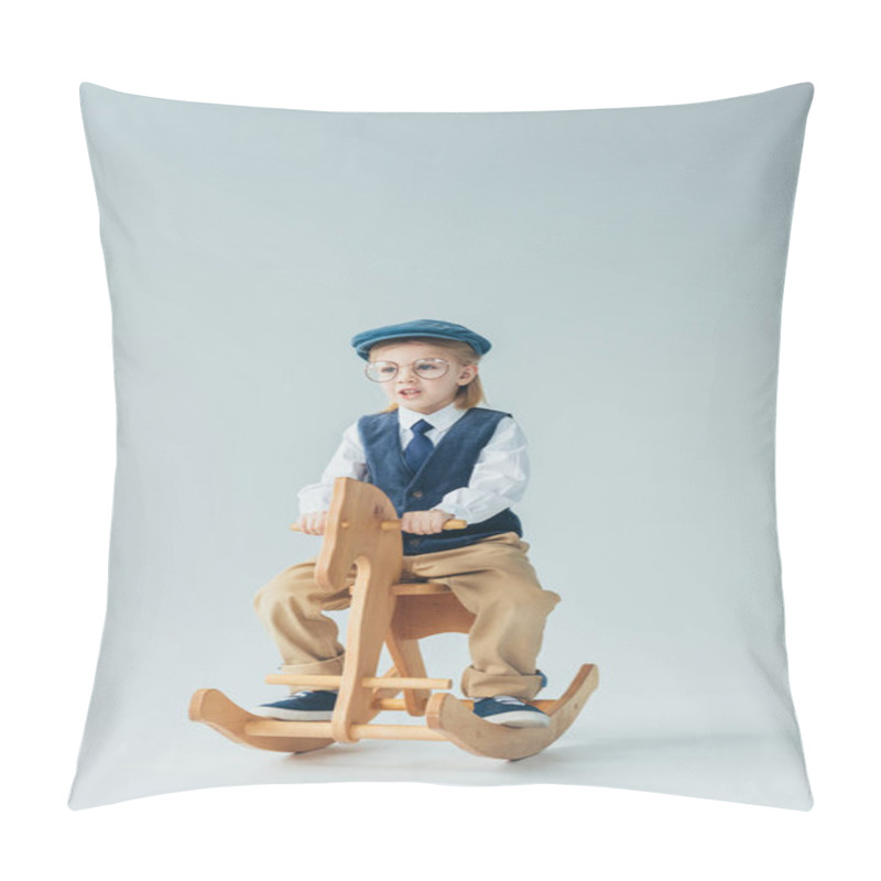 Personality  Kid In Retro Vest And Cap Riding On Rocking Horse On Grey Background  Pillow Covers