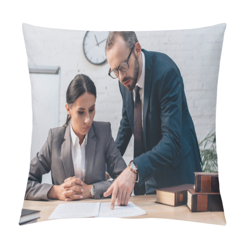 Personality  Selective Focus Of Lawyer Pointing With Finger Near Documents And Businesswoman  Pillow Covers