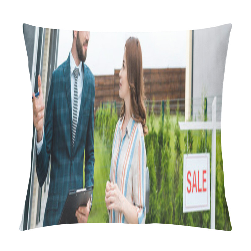 Personality  Panoramic Shot Of Handsome Bearded Broker Holding Clipboard And Gesturing Near Attractive Woman  Pillow Covers