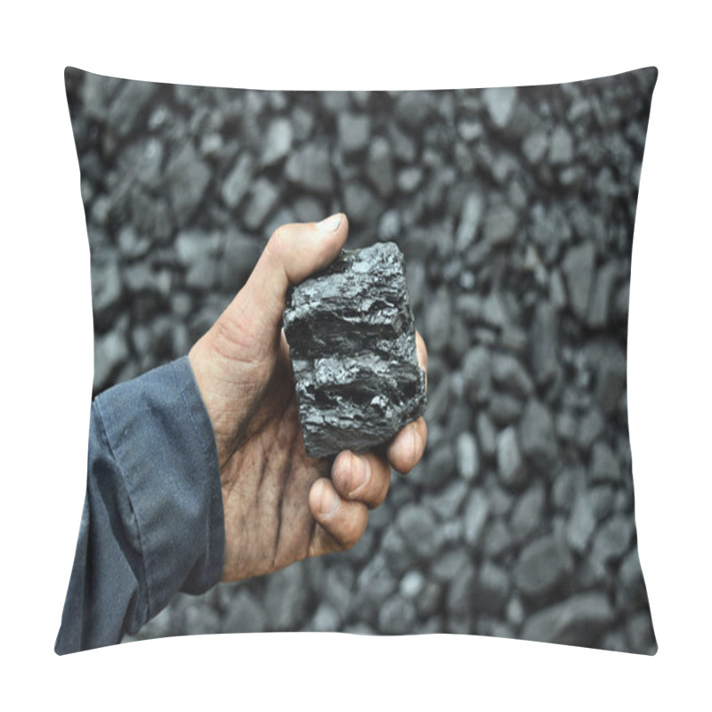 Personality  Coal In The Hand Of Worker Miner. Picture Can Be Use To Idea About Coal Mining, Energy Source Or Environment Protection. Pillow Covers