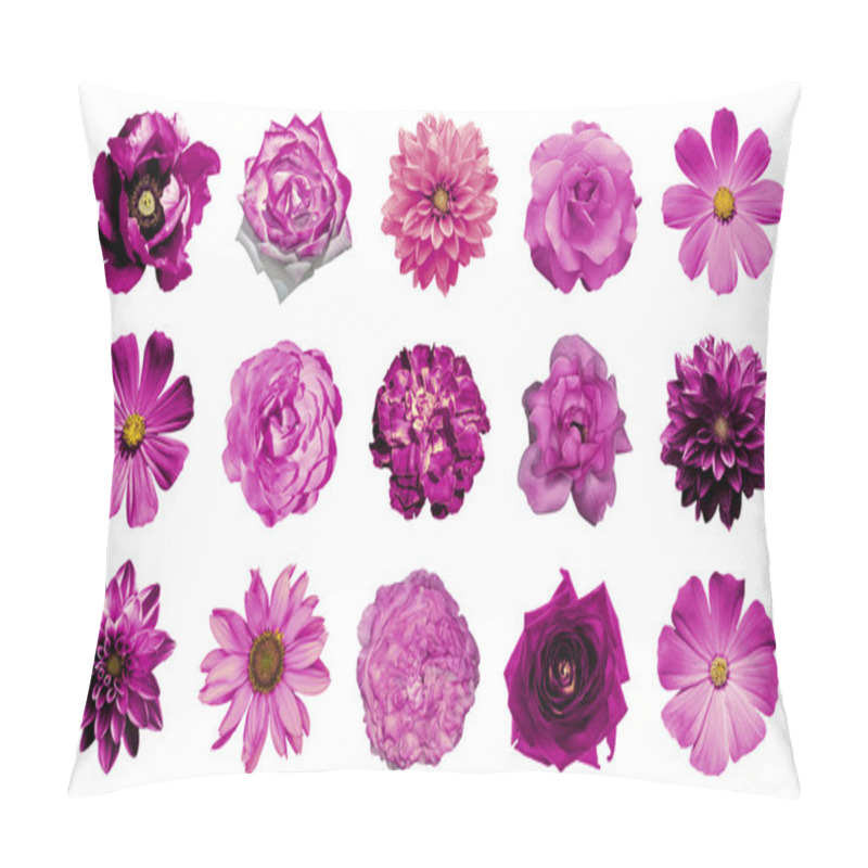 Personality  Mix Collage Of Natural And Surreal Pink Flowers 15 In 1: Dahlias, Primulas, Perennial Aster, Daisy Flower, Roses, Peony Isolated On White Pillow Covers