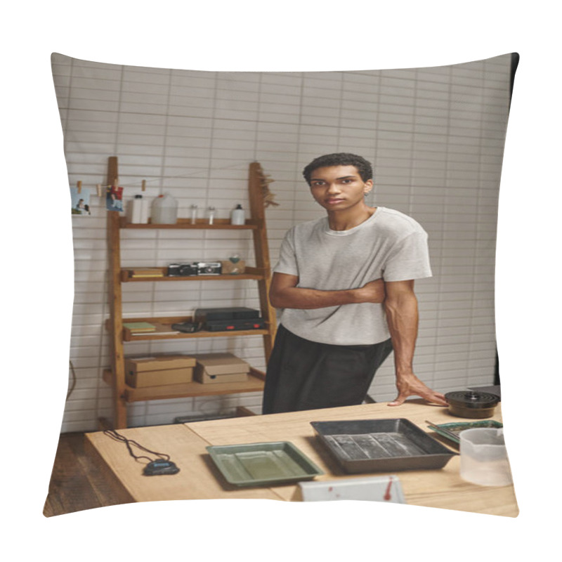 Personality  Young African American Photographer Standing In A Photo Lab With Hanging Film Photographs Pillow Covers