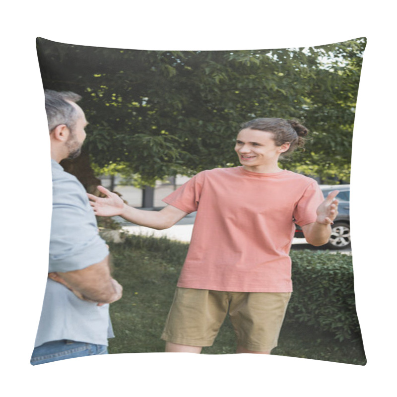 Personality  Happy Teenage Boy Welcoming Bearded Father In Green Park  Pillow Covers