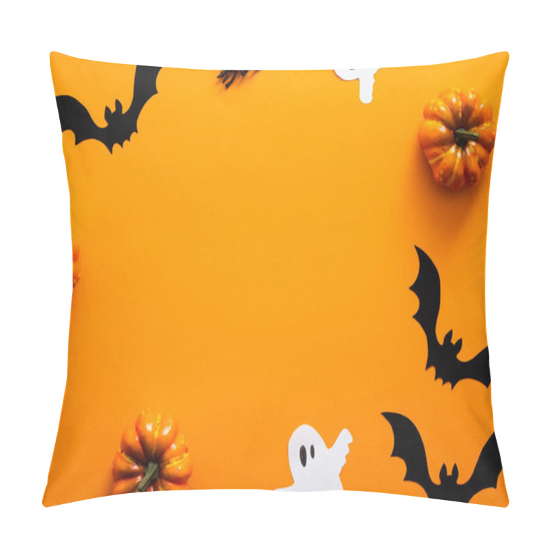 Personality  Happy Halloween Holiday Concept. Halloween Decorations, Pumpkins, Bats, Ghosts, On Orange Background. Halloween Party Greeting Card Mockup With Copy Space. Flat Lay, Top View, Overhead. Pillow Covers