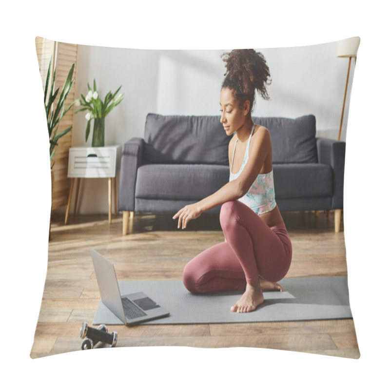 Personality  A Curly African American Woman In Active Wear Sits On A Yoga Mat, Engrossed In Work On Her Laptop. Pillow Covers