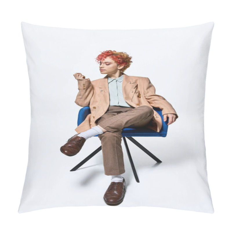 Personality  Extraordinary Woman With Vivid Red Hair Relaxes On A Striking Blue Chair. Pillow Covers