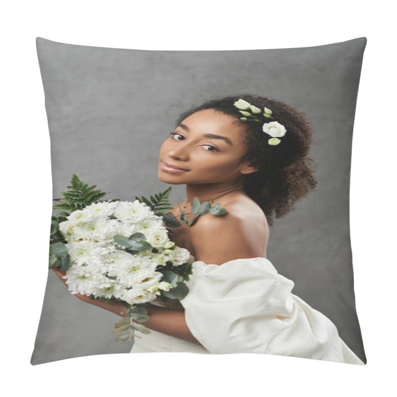 Personality  African American Bride In White Dress With Flowers In Her Hair Holds Bouquet Against Grey Background. Pillow Covers