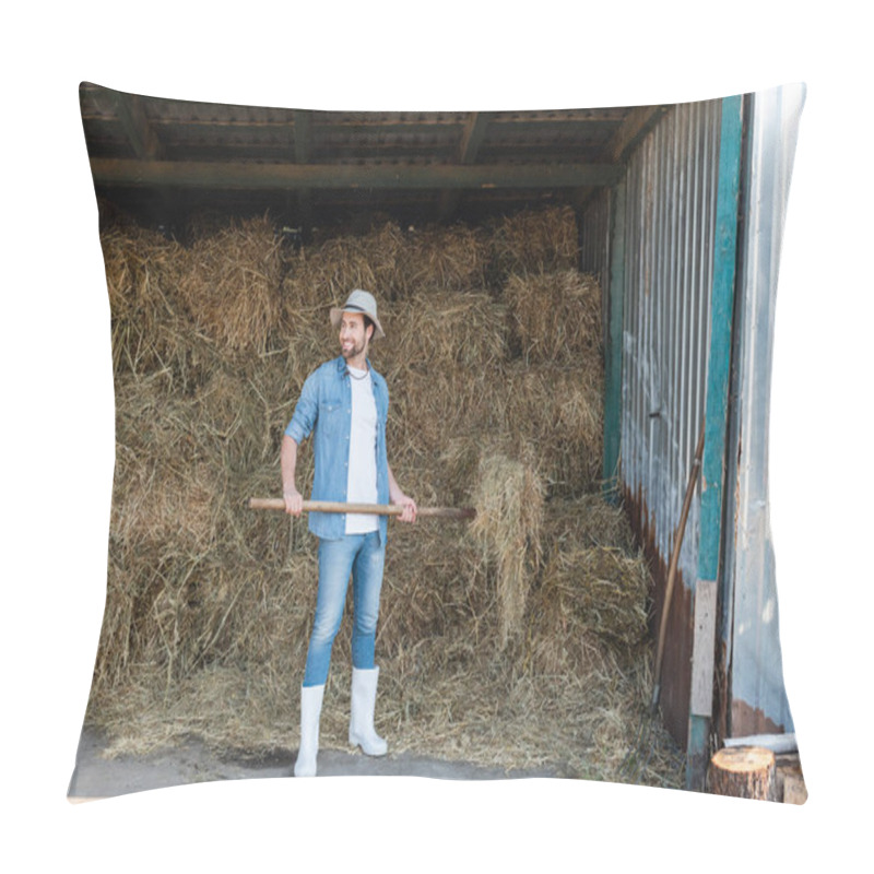 Personality  Full Length View Of Happy Farmer In Denim Clothes And Rubber Boots Near Haystack Pillow Covers