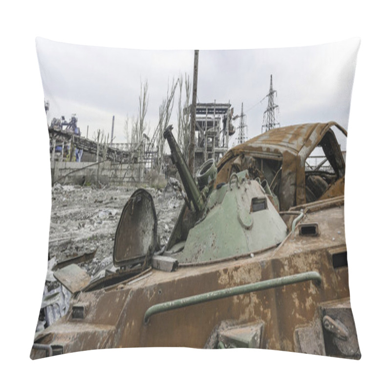 Personality  Burnt Tank And Destroyed Buildings Of The Azovstal Plant Shop In Mariupol War In Ukraine With Russia Pillow Covers