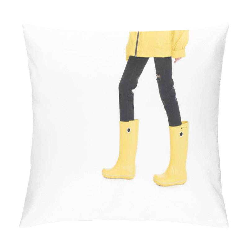 Personality  Partial View Of Woman In Yellow Raincoat And Rain Boots Isolated On White Pillow Covers