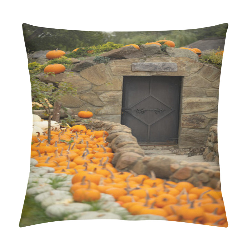 Personality  Rustic Stone Storage Cellar With Pumpkins Decorating The Roof And Surrounding Pathway In A Lush Garden. Concept Of Autumn Harvest, Traditional Agriculture, And Seasonal Produce Display Pillow Covers