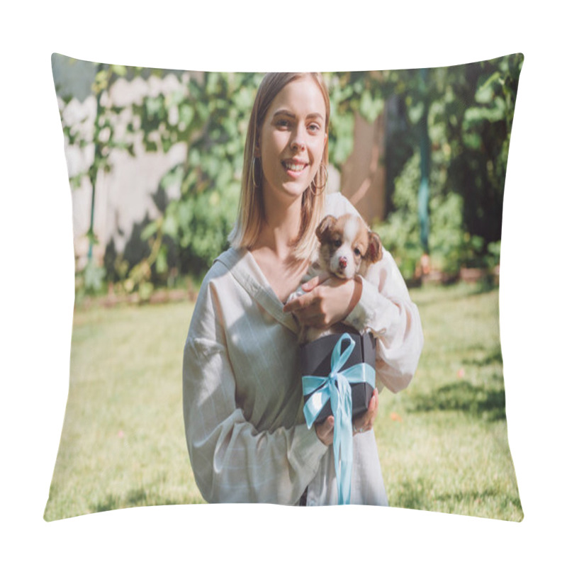 Personality  Happy Blonde Girl Holding Welsh Corgi Puppy In Gift Box With Blue Ribbon Pillow Covers