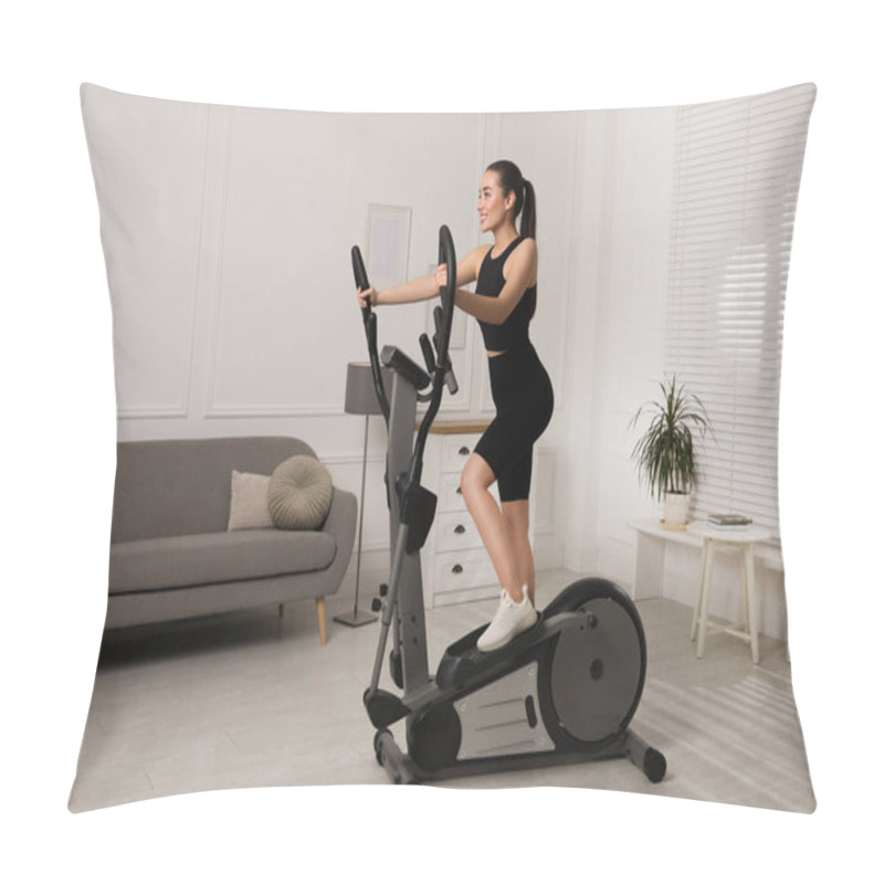 Personality  Happy Young Woman Training On Elliptical Machine At Home Pillow Covers