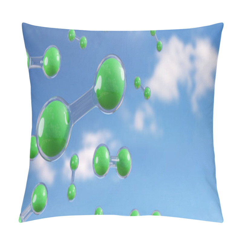 Personality  Green Hydrogen Molecules Floating In The Air On Blue Background. 3d Illustration. Pillow Covers