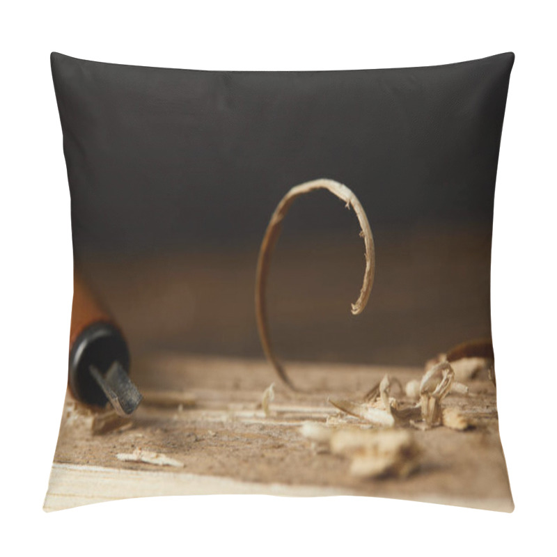 Personality  Closeup View Of Chisel And Wooden Scobs On Blurred Black Background  Pillow Covers